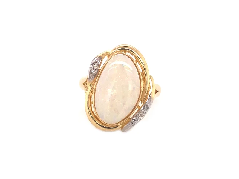 custom name ladies ring-Oval White Opal & Diamond Split Shank Ring - 14k Yellow Gold