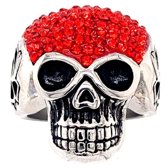 round-cut ladies ring-Skull With Tiny Red Accent CZ Stones Stainless Steel Ring / SCR3105