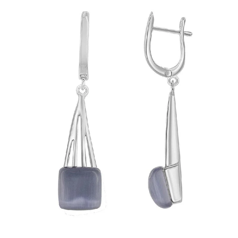 custom engraved ladies earrings-Sterling Silver Long Dark Blue and Grey Cat's Eye Earrings