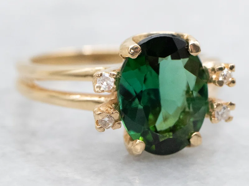 twisted band engagement ring for women-Green Tourmaline and Diamond Ring