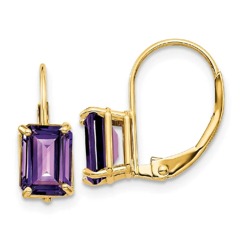 Victorian-style ladies earrings-14k 7x5mm Emerald Cut Amethyst Leverback Earrings