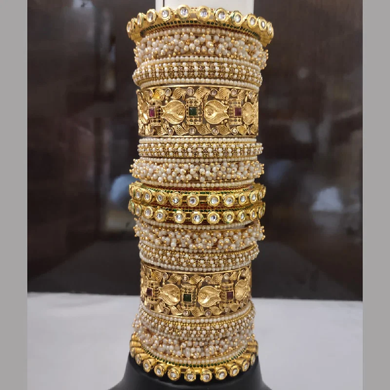 elegant wedding ladies bracelet-Lucentarts Jewellery Gold Plated Kundan And Pearl Bangles Set