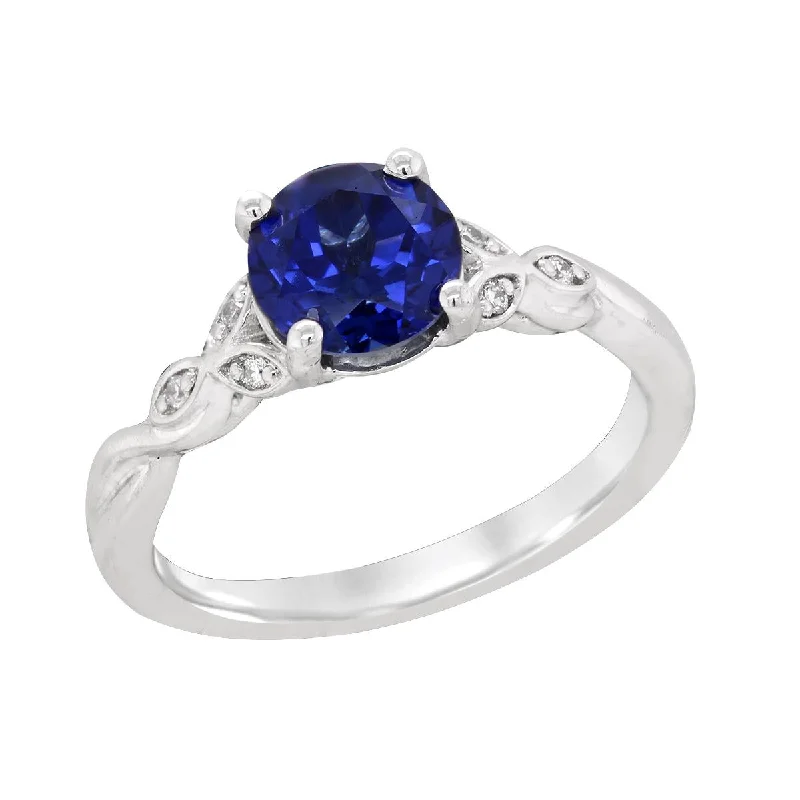 grand solitaire ladies ring-WHITE GOLD TWISTED SHANK FASHION RING WITH SAPPHIRES AND DIAMONDS, .04 CT TW