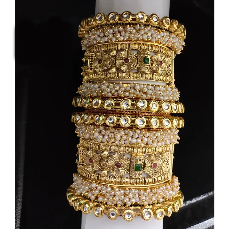 heirloom-inspired ladies bracelet-Akruti Collection Gold Plated Pearl And Kundan Bangle Set