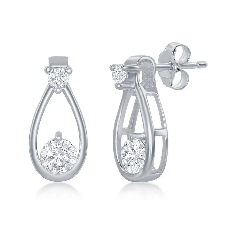 filigree drop ladies earrings-Sterling Silver Open Pearshaped Round CZ Stud Earrings