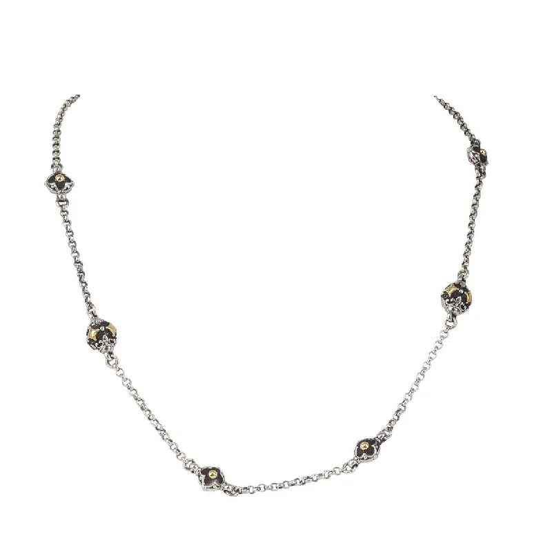 layered chain pearl ladies necklace-Sterling Silver & 18K Gold 2 Station Necklace