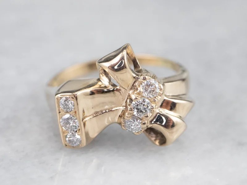 classic prong-set engagement ring for women-Sweet Gold Bow and Diamond Ring