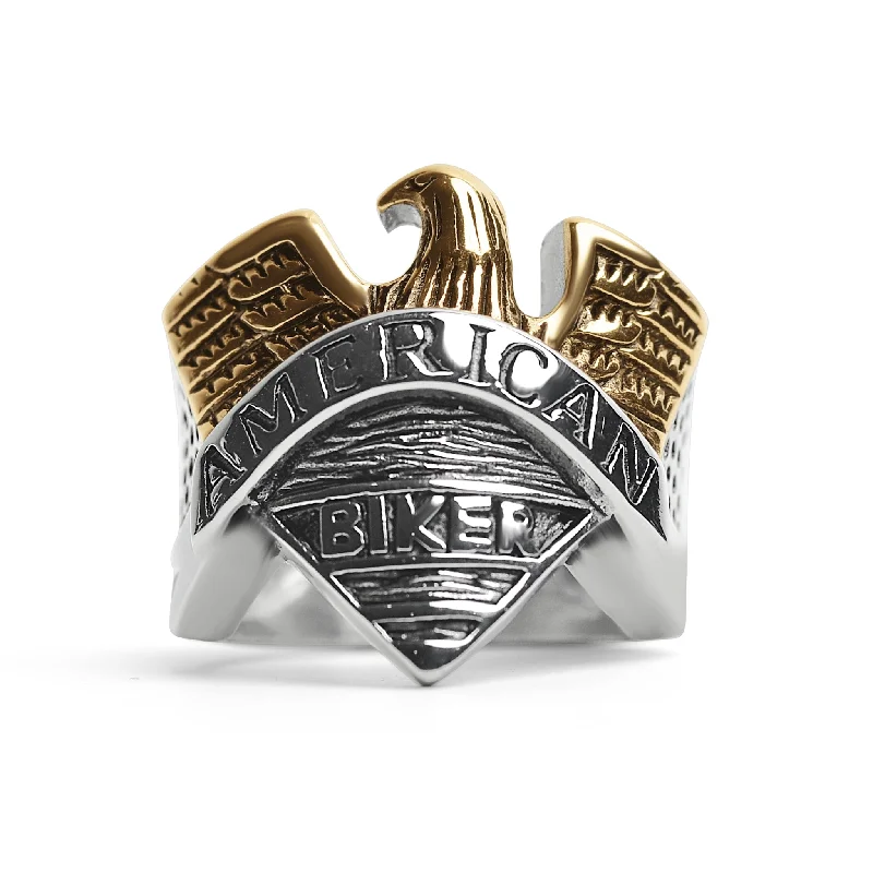 brushed metal ladies ring-Stainless Steel "AMERICAN BIKER" With 18K Gold PVD Coated Eagle Ring / SCR4074