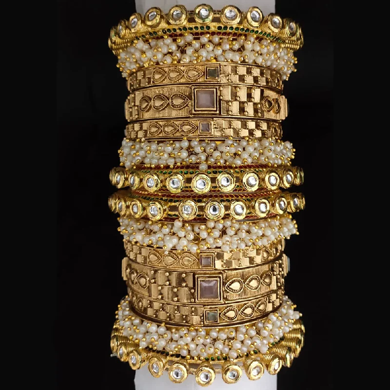 chain-link ladies bracelet-Lucentarts Jewellery Gold Plated Kundan And Pearl Bangles Set