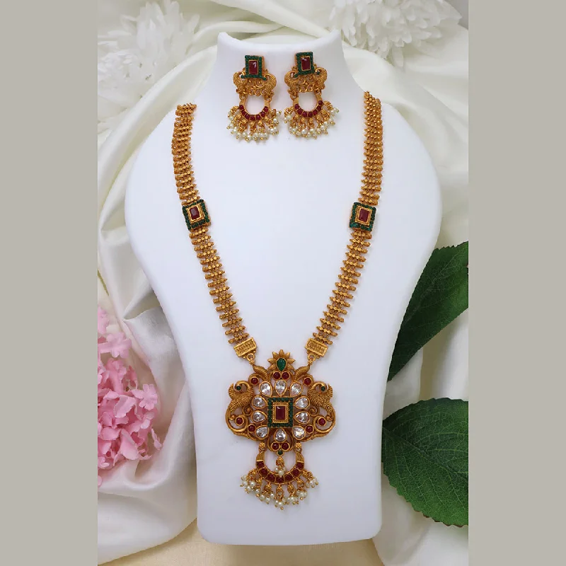 luxury brand ladies necklace-Diksha Collection Gold Plated Pota Stone Long Necklace Set - L 133