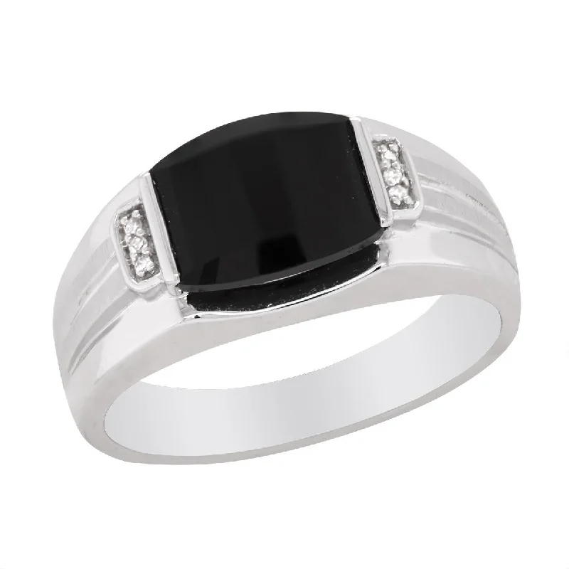 antique Victorian ladies ring-MODERN MEN'S WHITE GOLD FASHION RING WITH BLACK ONYX AND DIAMONDS, .02 CT TW