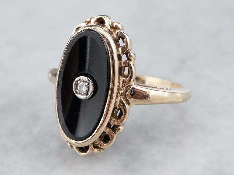 layered band diamond engagement ring for women-Mid Century Black Onyx and Diamond Ring