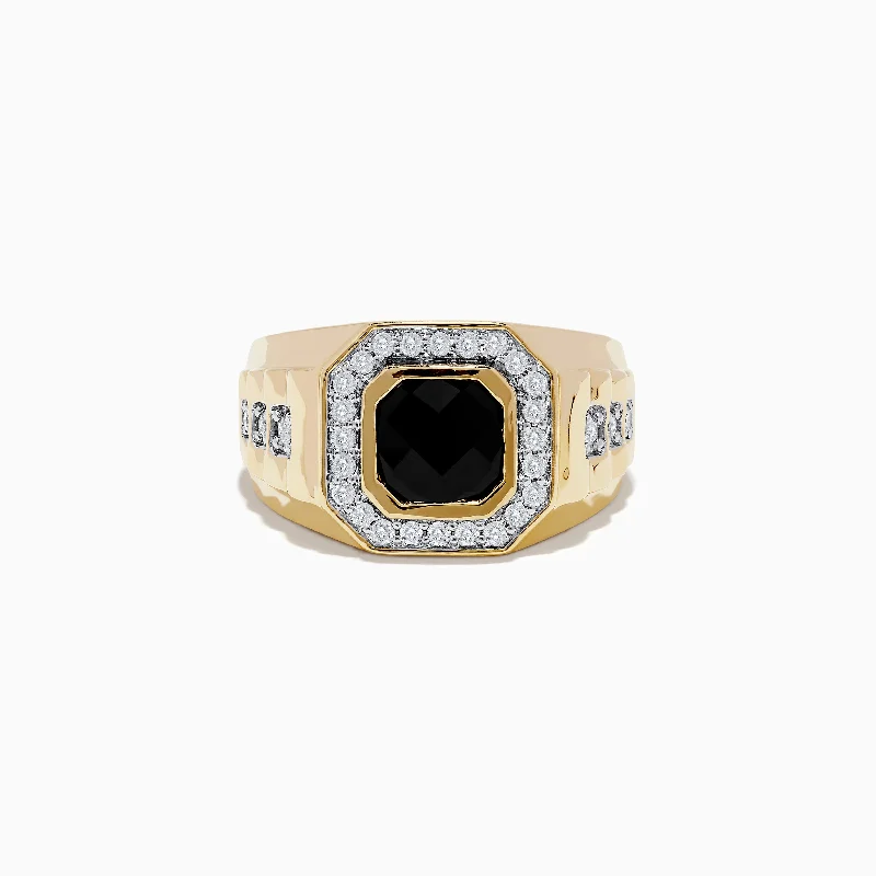 hidden halo engagement ring for women-Men's 14K Yellow Gold Onyx and Diamond Ring