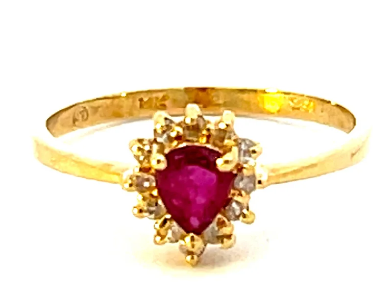 rustic hammered ladies ring-Pear Shaped Red Ruby and Diamond Halo Ring in 14k Yellow Gold