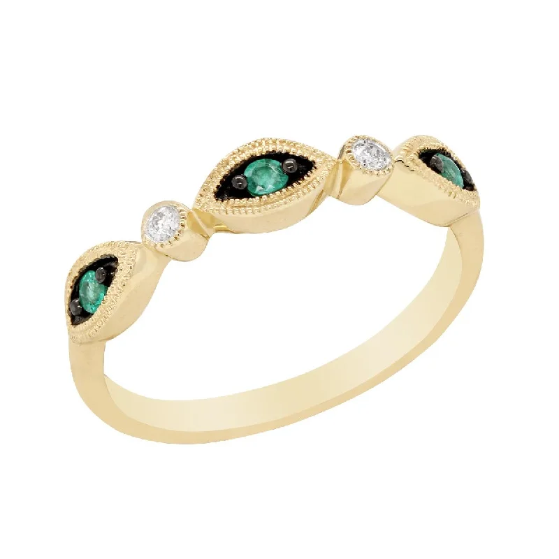 pear-shaped ladies ring-YELLOW GOLD FASHION RING WITH EMERALDS AND DIAMONDS, .04 CT TW