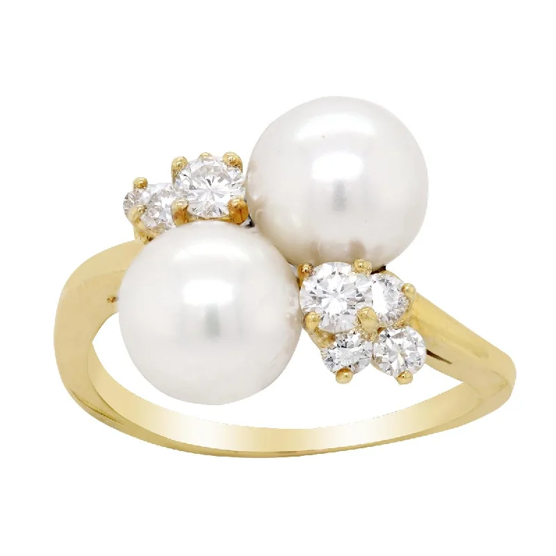 princess-cut ladies ring-YELLOW GOLD BYPASS PEARL RING, 1/2 CT TW