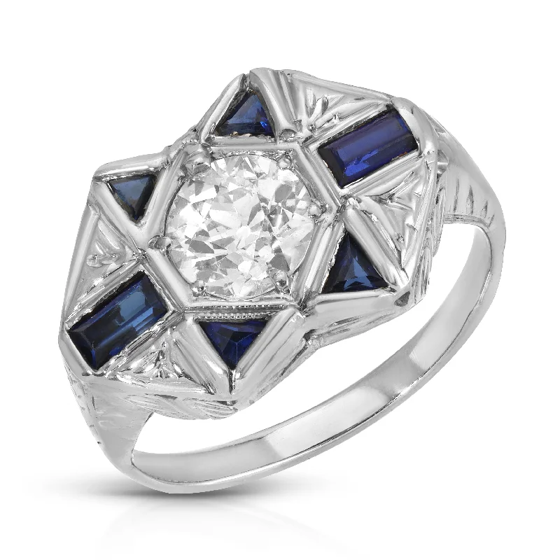 micro-pavé engagement ring for women-1930s Art Deco Blue & Diamond Ring