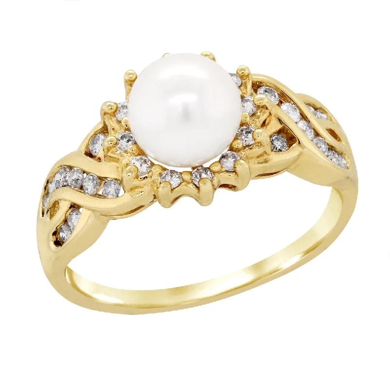 bezel-set ladies ring-YELLOW GOLD PEARL RING WITH 30 SIDE DIAMONDS, 1/3 CT TW