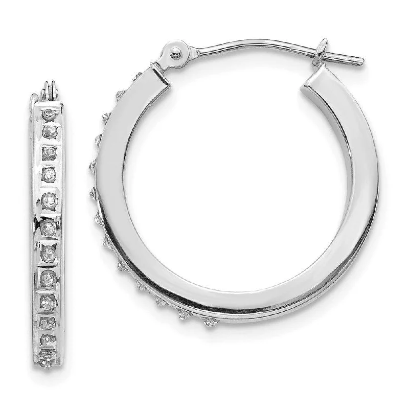 huggie ladies earrings-14k White Gold Diamond Fascination Round Hinged Hoop Earrings