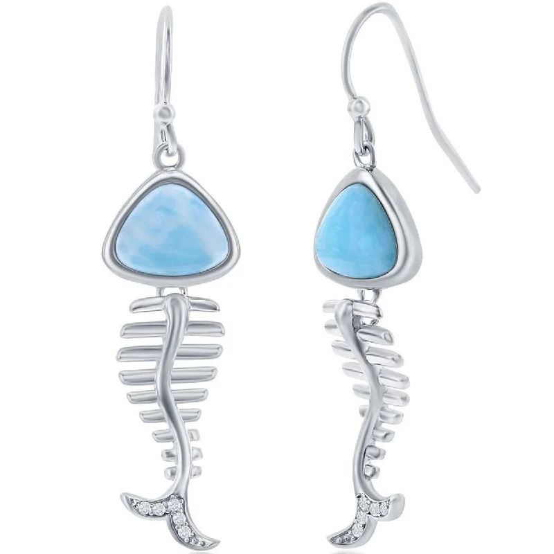 double dangle ladies earrings-Caribbean Treasures Women's Earrings - Blue Larimar and CZ Fish Skeleton | D-7995