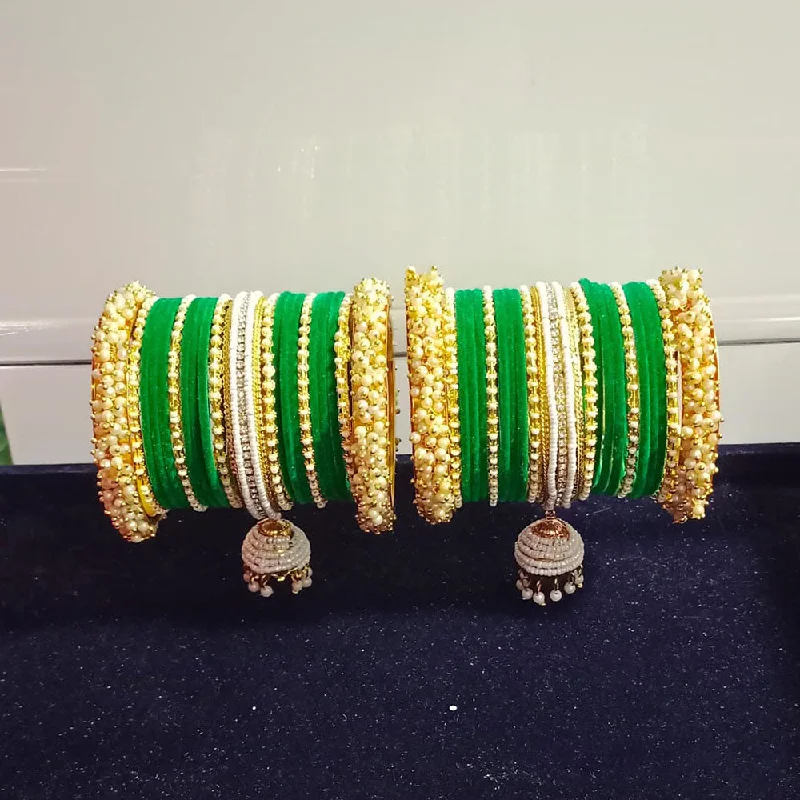 emerald ladies bracelet-Pooja Bangles Gold Plated Austrian Stone And Pearls Velvet Bangles Set