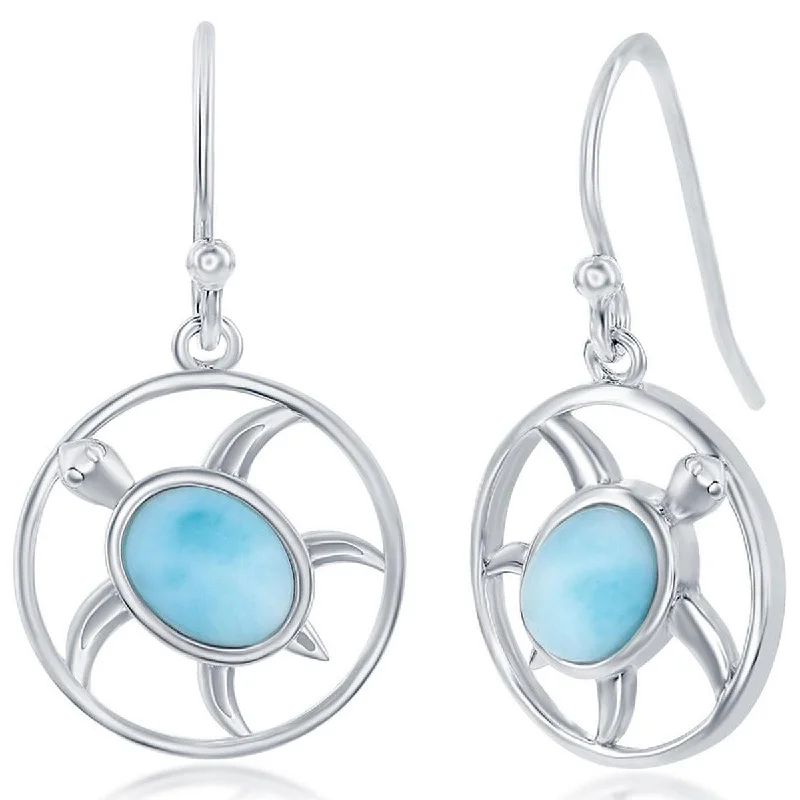 celestial theme ladies earrings-Caribbean Treasures Women's Earrings - Sterling Silver Oval Larimar Turtle | D-7872