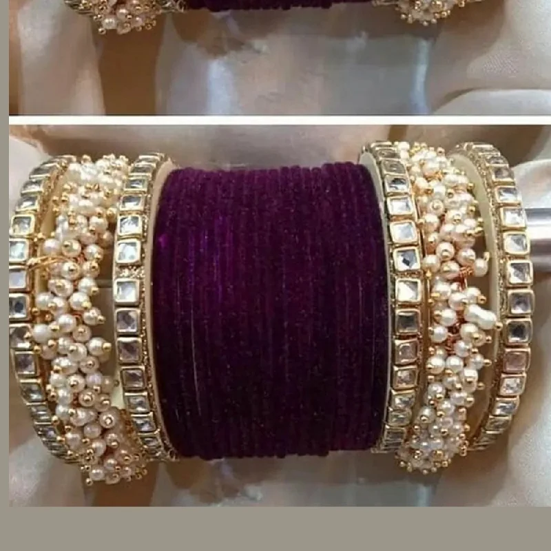 spiral twist ladies bracelet-Martina Jewels Pack Of 6 Traditional Gold Plated Thread & Polki Pearl Bangles Set - BG-117