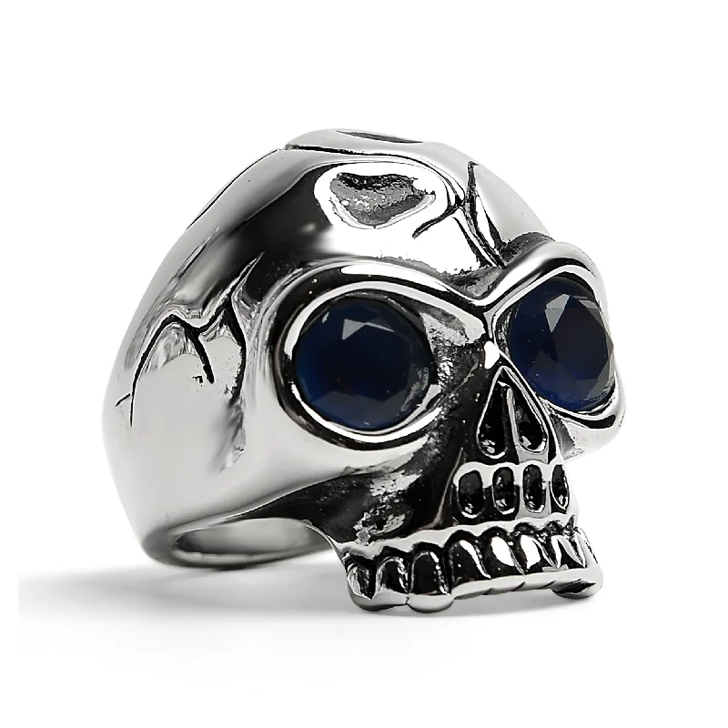 pave setting ladies ring-Stainless Steel Blue CZ Eyed Cracked Skull Ring / SCR4111