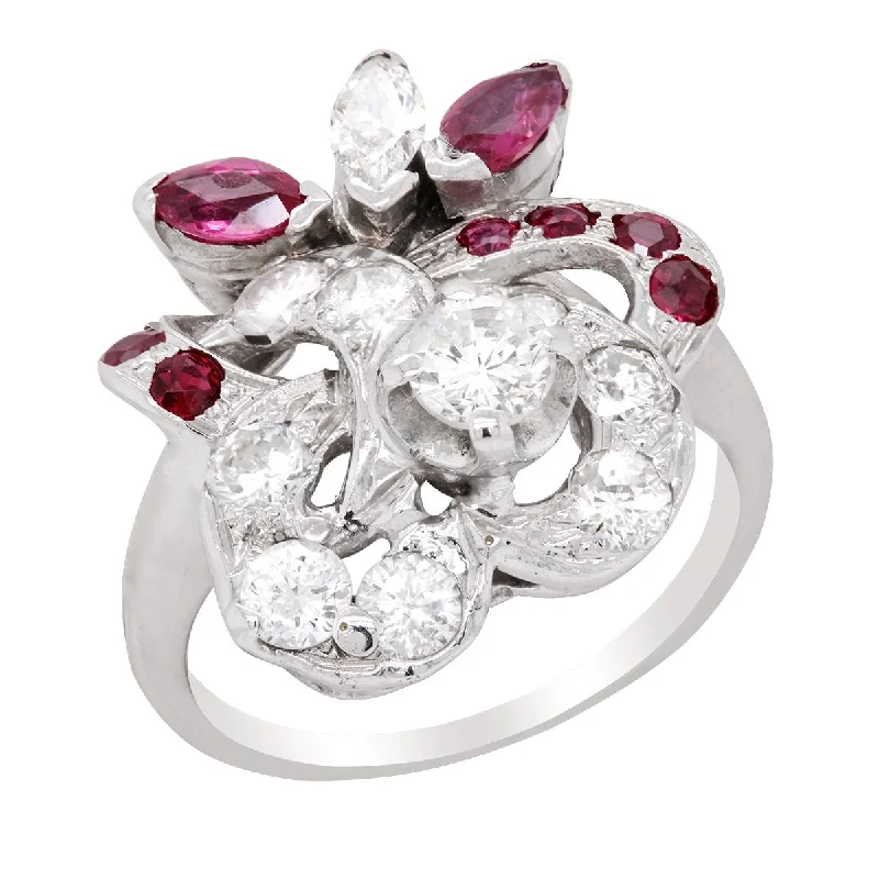 yellow gold ladies ring-WHITE GOLD FASHION RING WITH UNIQUE DESIGN SET WITH RUBIES AND DIAMONDS, 1.00 CT TW