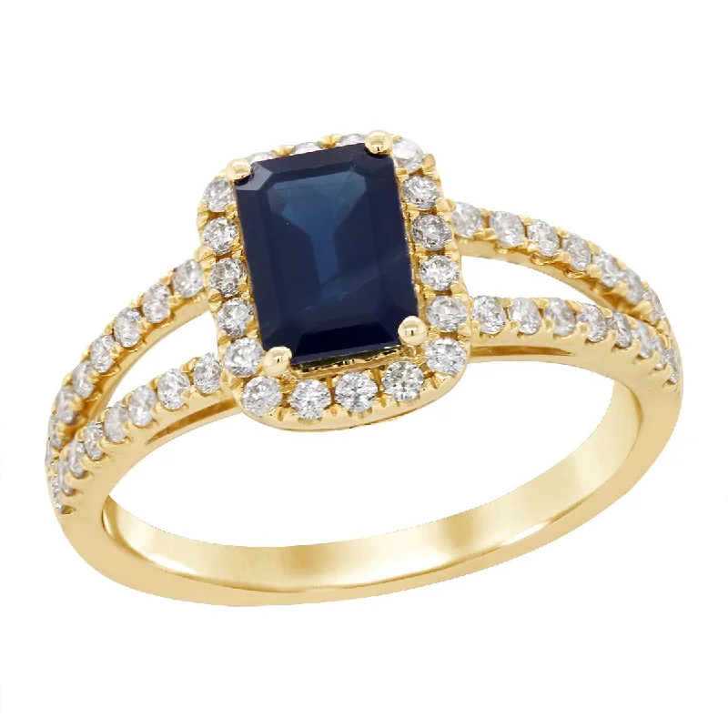 two-tone ladies ring-YELLOW GOLD SPLIT SHANK RING WITH EMERALD CUT SAPPHIRE AND DIAMONDS, .45 CT TW