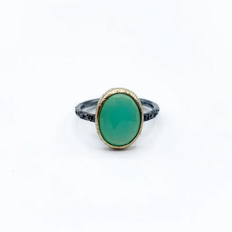 platinum ladies ring-Sterling Silver and Gold Chrysoprase Hammered Ring