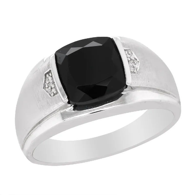 sapphire and diamond ladies ring-MEN'S WHITE GOLD FASHION RING WITH BLACK ONYX AND TWO DIAMONDS, .006 CT TW