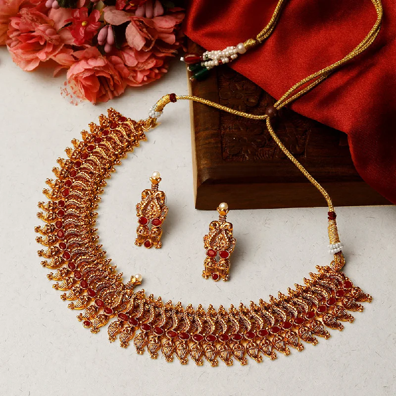 overlapping chain ladies necklace-Shrishti Fashion Traditional Peacock Design Gold Plated Choker Necklace Set For Women