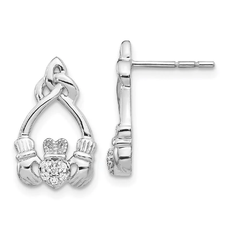 classic ladies earrings-14k White Gold Diamond Claddagh Post Earrings