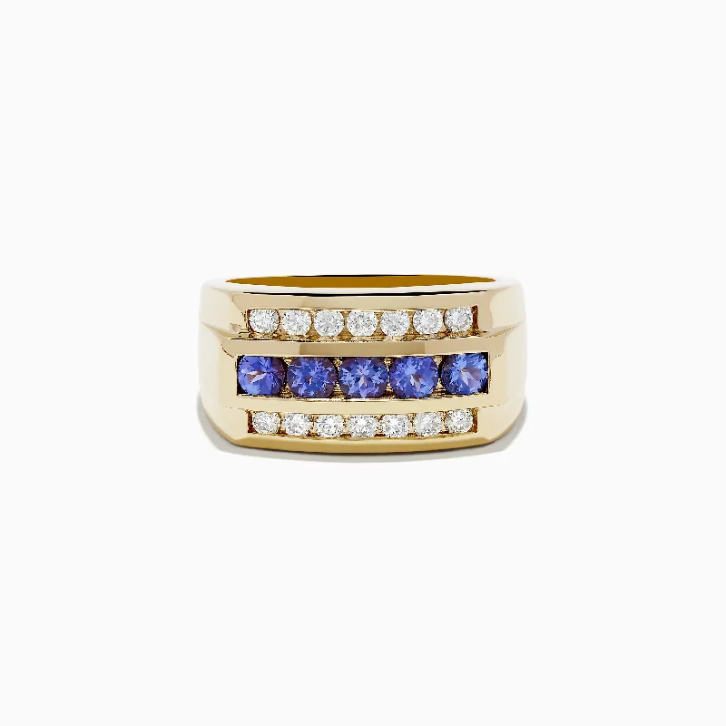 hammered metal engagement ring for women-Men's 14K Yellow Gold Tanzanite and Diamond Ring