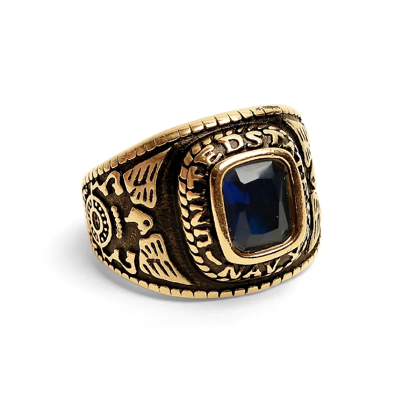 tapered baguette ladies ring-Gold United States Navy Blue Center Stone Stainless Steel Ring / MCR6003