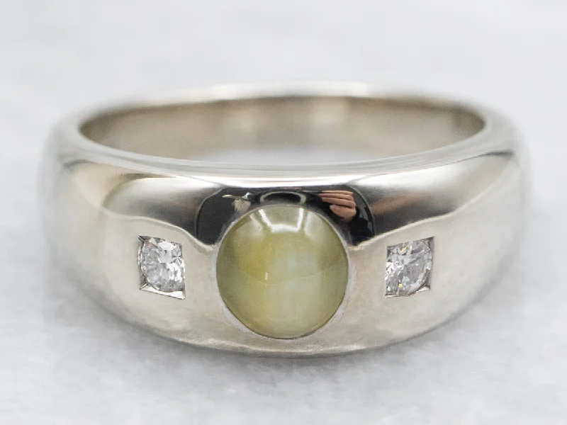 artistic handmade engagement ring for women-Unisex Cat's Eye Chrysoberyl and Diamond Ring