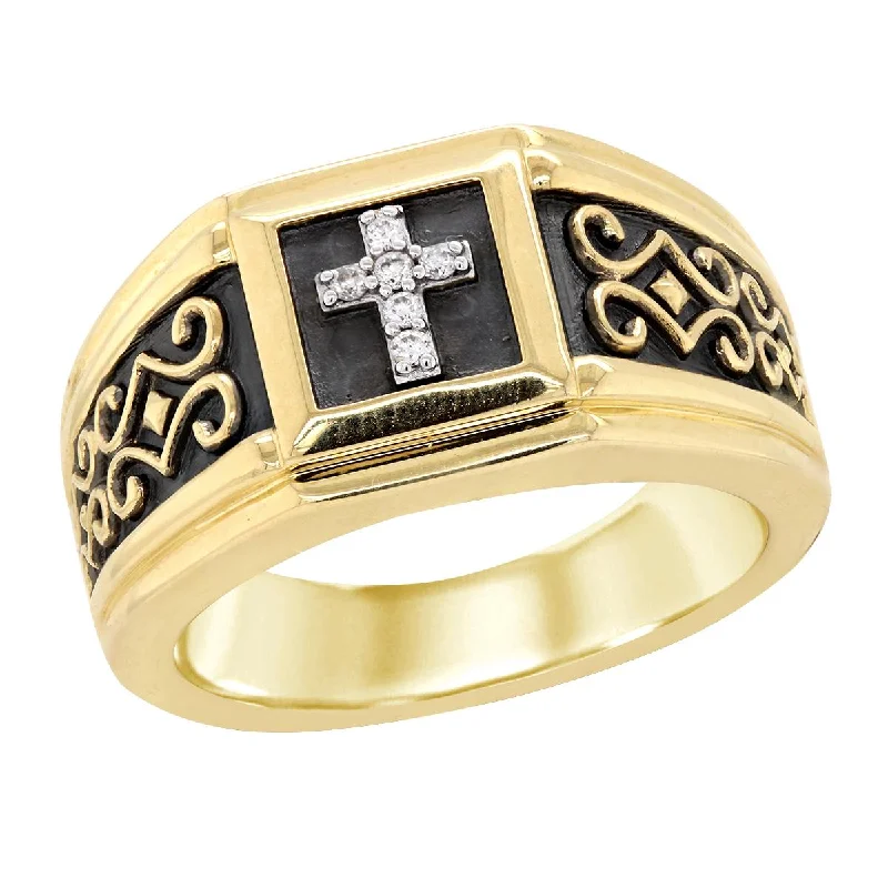 gold ladies ring-MEN'S YELLOW GOLD FASHION RING WITH DIAMOND CROSS, .06 CT TW