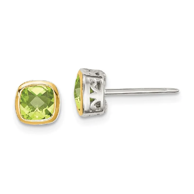 opal gemstone ladies earrings-Sterling Silver w/ 14K Accent Peridot Square Stud Earrings