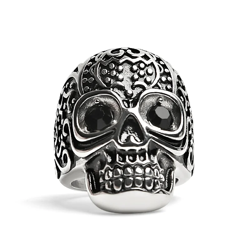 rustic hammered ladies ring-Black CZ Eyed Detailed Skull Stainless Steel Ring / SCR4045