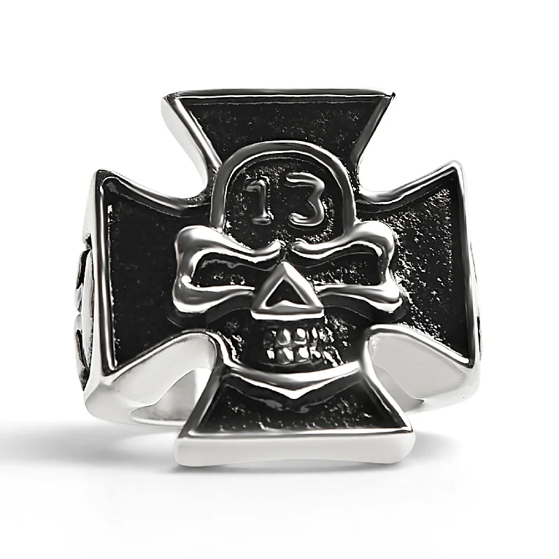 three-stone ladies ring-Stainless Steel "13" Skull Maltese Cross Signet Ring / SCR4001