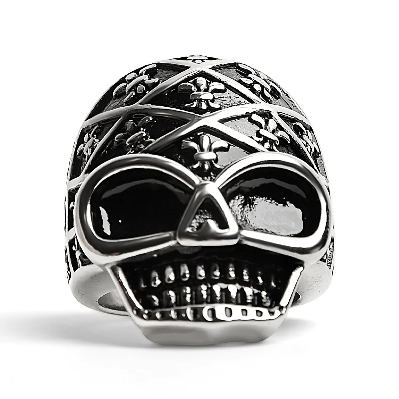 minimalist ladies ring-Stainless Steel Skull With Fleur De Lis Pattern Ring / SCR4023