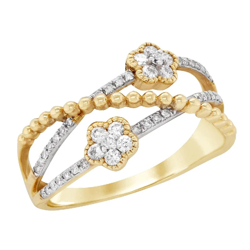 floral halo ladies ring-YELLOW GOLD DIAMOND FASHION RING WITH SPLIT SHANK, .27 CT TW