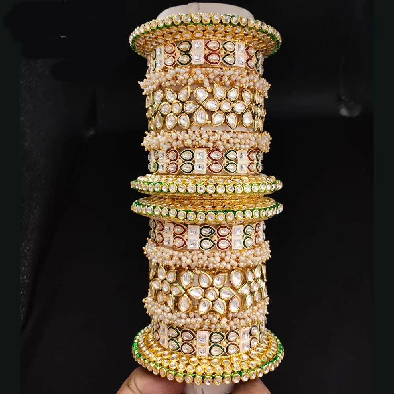 emerald ladies bracelet-Lucentarts Jewellery Gold Plated Kundan And Pearl Bangles Set