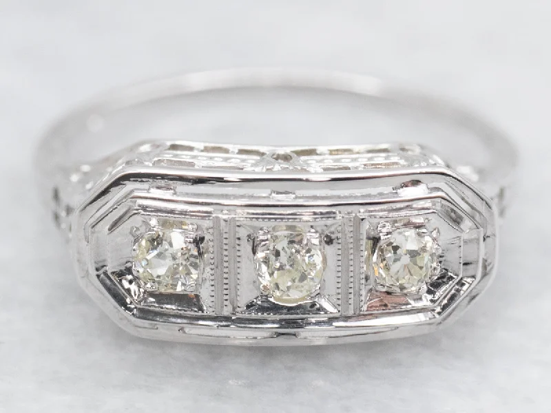 silver engagement ring for women-Art Deco Three-Stone Old Mine Cut Diamond Ring