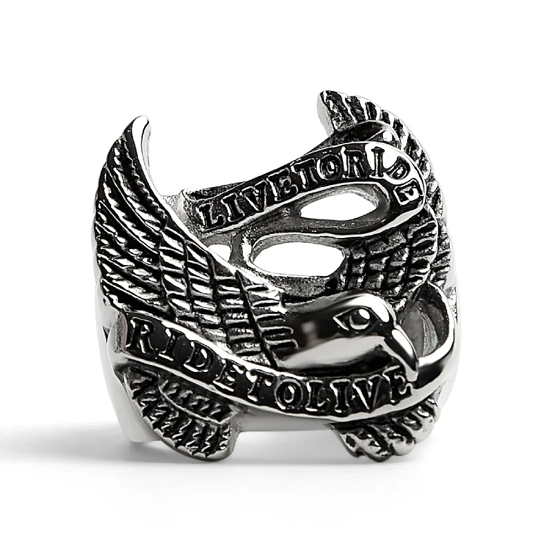 oval-cut ladies ring-Stainless Steel "Live To Ride" "Ride To Live" Eagle Biker Ring / SCR3077