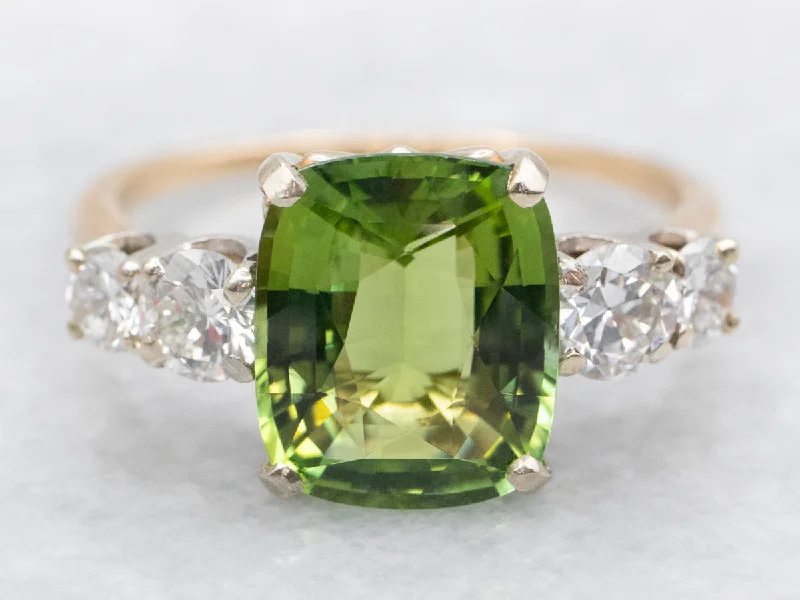 white gold engagement ring for women-Vintage Green Tourmaline and Diamond Ring