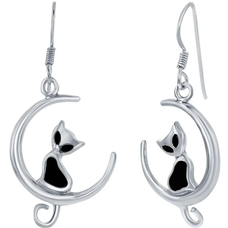 bohemian handcrafted ladies earrings-Classic Women's Earrings - Sterling Silver Created Black Onyx Cat on Moon | D-8031