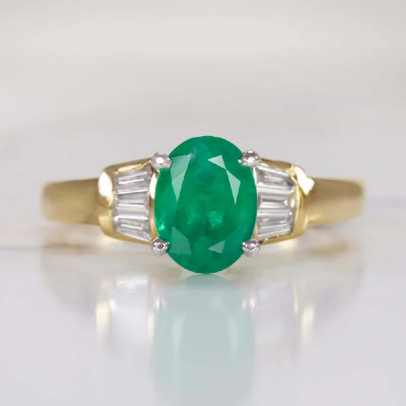 starburst engagement ring for women-1.4ct MINAS GERIAS EMERALD DIAMOND RING 18K YELLOW GOLD OVAL SHAPE CUT COCKTAIL