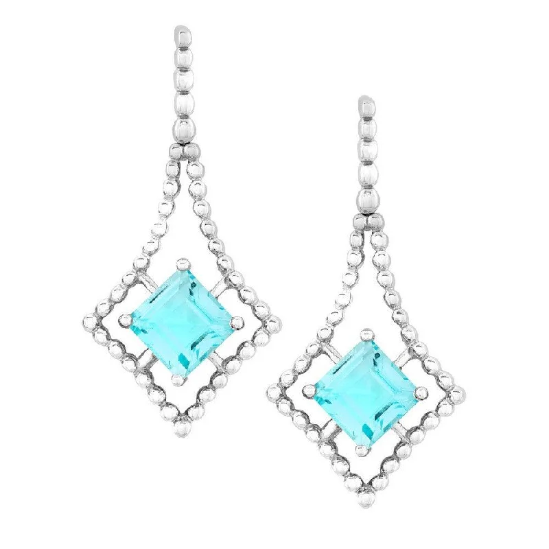 two-tone ladies earrings-Sterling Silver Open Beaded Square with Center Square Blue Topaz Earrings